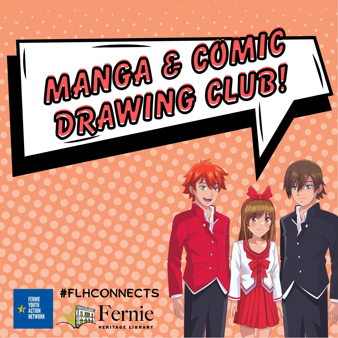 Orange backgroung with manga characters and a text bubble saying 'Manga & Comic Drawing Club!"