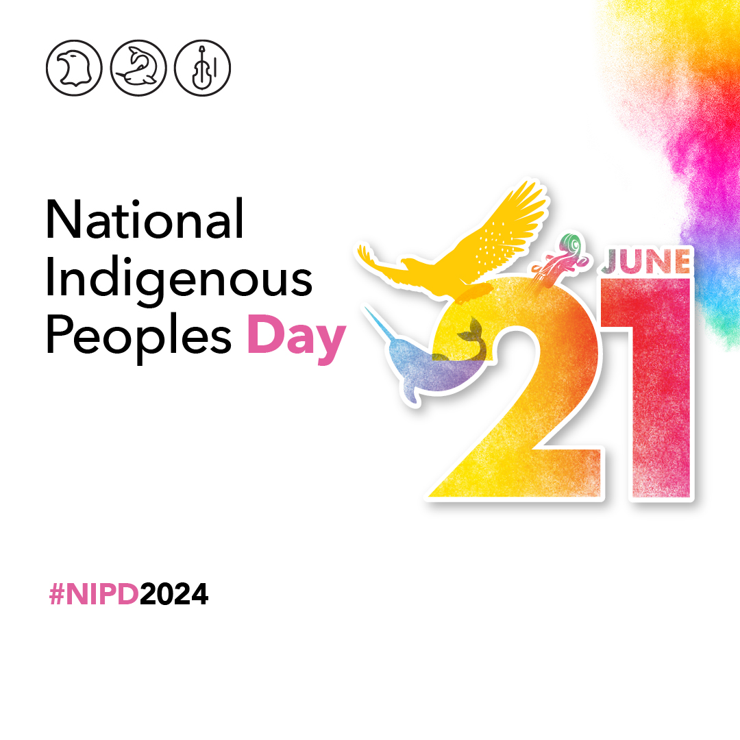 an eagle representing First Nations, a narwhal representing Inuit, and a violin representing Métis. These illustrations are placed around the date "June 21" and surrounded by multicoloured smoke that represents Indigenous traditions, spirituality, inclusion and diversity. English text: National Indigenous Peoples Day June 21 #NIPD2024